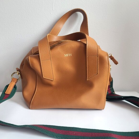 Mark & Graham Italy Tan Leather Satchel Shoulder Bag w Stripe Strap Monogram MFH - Picture 1 of 10